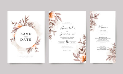 Wedding invitation card set with elegant flower and leaf decoration