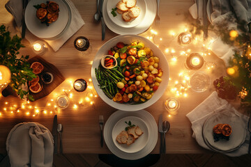 Vegetarian dishes seen from above, on a modern, elegant table with soft lights