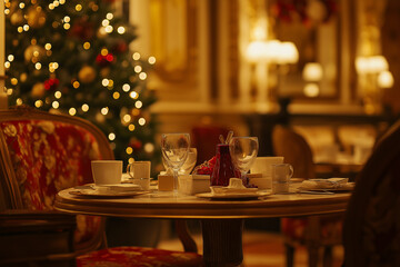 A diner table in a warm and friendly Christmas scene at the plaza