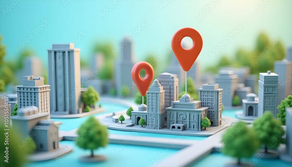 Poster miniature cityscape with location pins symbolizes navigation and geolocation.