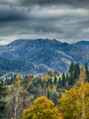 The landscape of Carpathian Mountains in the cloudy weather. Perfect weather condition in the autumn season