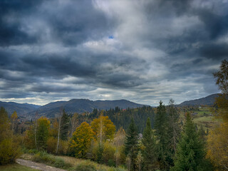 The landscape of Carpathian Mountains in the cloudy weather. Perfect weather condition in the autumn season