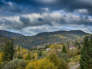 The landscape of Carpathian Mountains in the cloudy weather. Perfect weather condition in the autumn season