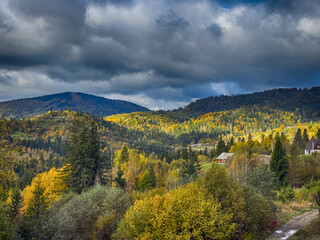 The landscape of Carpathian Mountains in the cloudy weather. Perfect weather condition in the autumn season