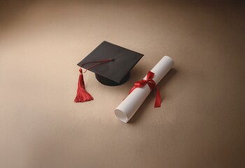 A black graduation cap with red tassel lies next to a white rolled up diploma tied with a red ribbon.