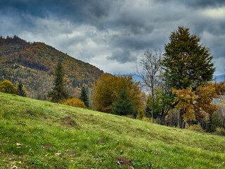 The landscape of Carpathian Mountains in the cloudy weather. Perfect weather condition in the autumn season
