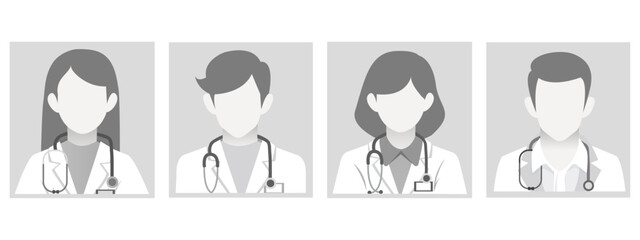 Default placeholder doctor profile icons. Grey Nurses and professional medical staff avatars. Healthcare man and woman profile images for blogs, forum, online medical consulting or instant messengers.
