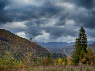 The landscape of Carpathian Mountains in the cloudy weather. Perfect weather condition in the autumn season