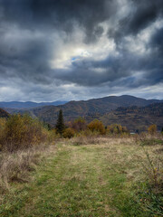 The landscape of Carpathian Mountains in the cloudy weather. Perfect weather condition in the autumn season