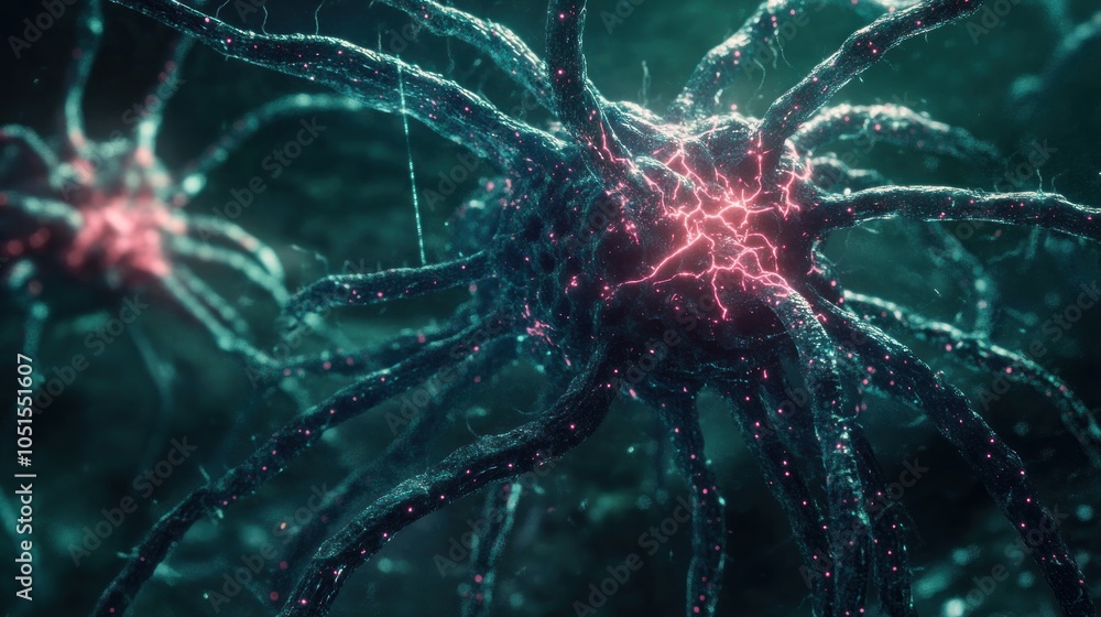 Poster a microscopic view of a neuron, a nerve cell, with multiple dendrites extending from the cell body.