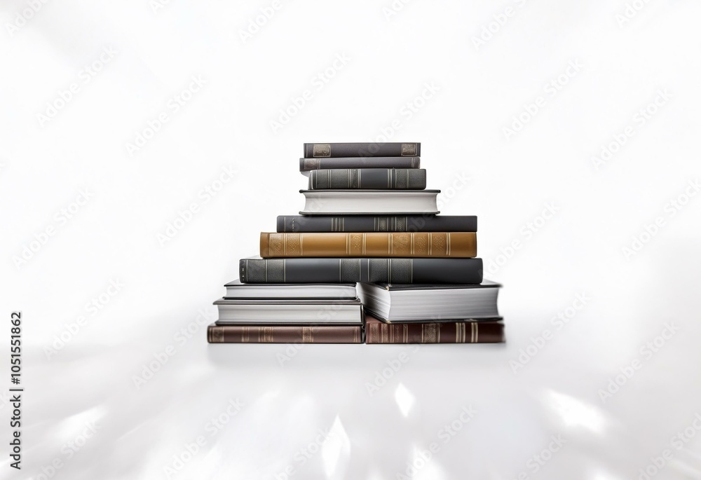 Aufkleber a stack of books of various sizes and colors are arranged in a pyramid shape on a white surface.