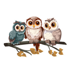 Obraz premium Cute cartoon little owls family sitting on autumn tree branch. Funny happy adorable forest birds perching. Wild animal, nature, woodland mascot, cartoon baby owls with big eyes vector illustration