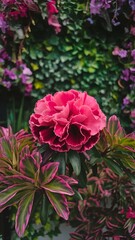 Fototapeta premium Pink flower in bloom with darker edges surrounded by colorful leaves