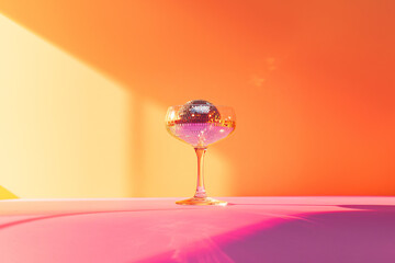 Cocktail party with disco ball on orange and pink background. Disco party, retro fashion. Modern stylish design template for holiday card, banner, flyer, menu with space for text