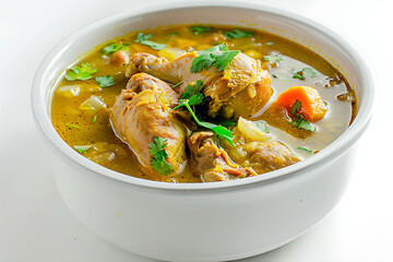 Fototapeta premium Guinea fowl mulligatawny soup in a white ceramic bowl-2 (1)