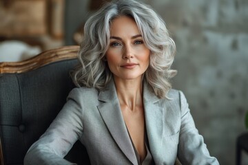 Elegant female professional sitting on a chair, dressed in a sharp office suit and grey hair, Generative AI