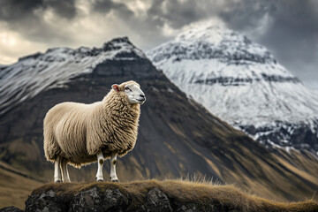 Fototapeta premium Lone sheep on rugged grassland with snow-covered Icelandic mountains in the background. Serene and mystical atmosphere under cloudy skies.