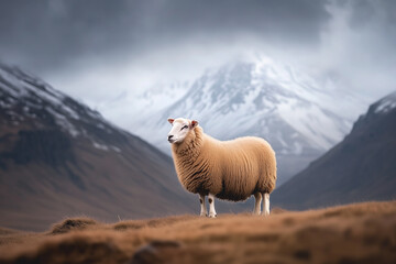 Fototapeta premium Lone sheep on rugged grassland with snow-covered Icelandic mountains in the background. Serene and mystical atmosphere under cloudy skies.