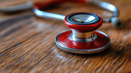 A close-up of a red stethoscope resting on a wooden surface.