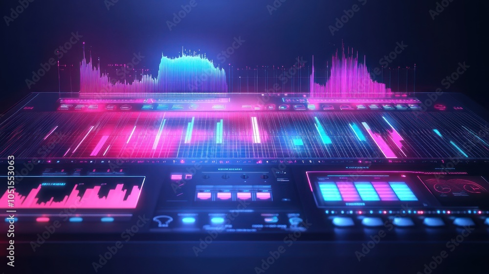 Poster futuristic music production console with glowing neon displays and a dynamic equalizer.