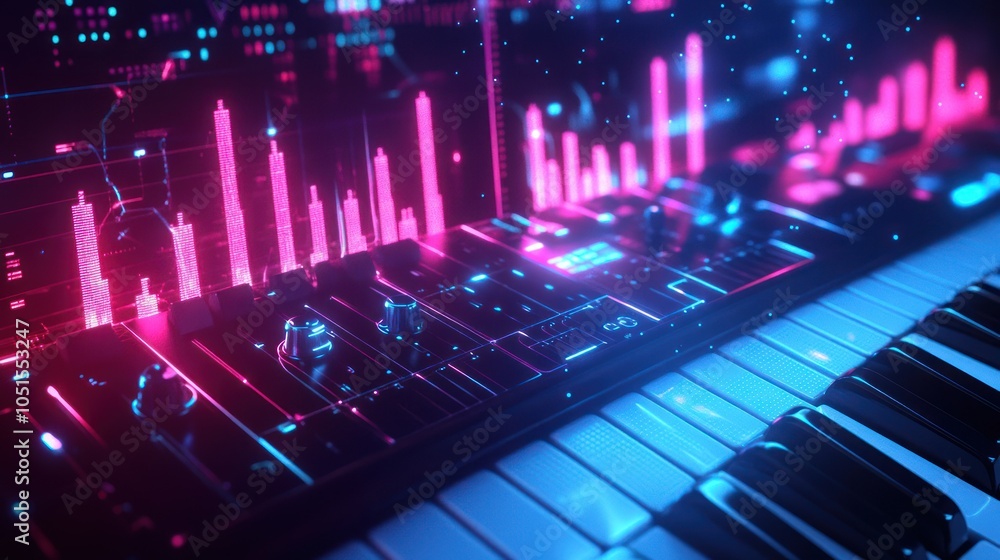 Poster a futuristic synth keyboard with glowing neon lights, creating a vibrant and dynamic scene.