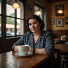 Plus Size Woman Confidently Enjoying Coffee at Cozy Vintage Cafe Joyful Expression mid-forties sipping espresso, chic outfit