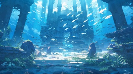 water temple a temple submerged underwater in ancient and colorful anime style