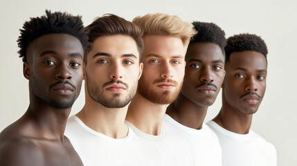 Obraz premium Portrait of five diverse men with confident expressions in minimalist setting