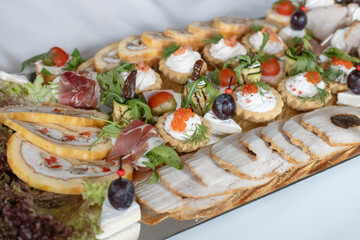 Delicious Appetizer Platter with finger food: cold cuts, tartalettes, rolls, zucchini, cream, caviar, salmon