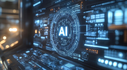 Fototapeta premium A holographic AI interface with complex data and graphics displayed on a transparent screen. The digital blue tones and intricate design convey the futuristic and analytical aspects of artificial inte