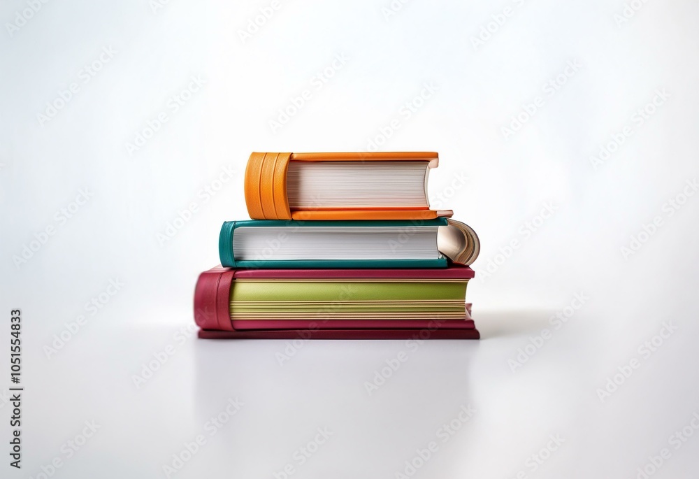 Poster a stack of four books, featuring different colors and textures, is arranged in a neat column against