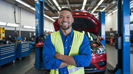 Smiling Mechanic in Auto Repair Shop with Car