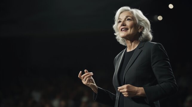A successful female CEO delivers an inspiring keynote address at a national business conference in a well-lit auditorium, engaging the audience with her powerful message
