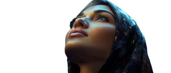 A tight shot of a woman with her face obscured by a headscarf, gazing intently upwards at the sky