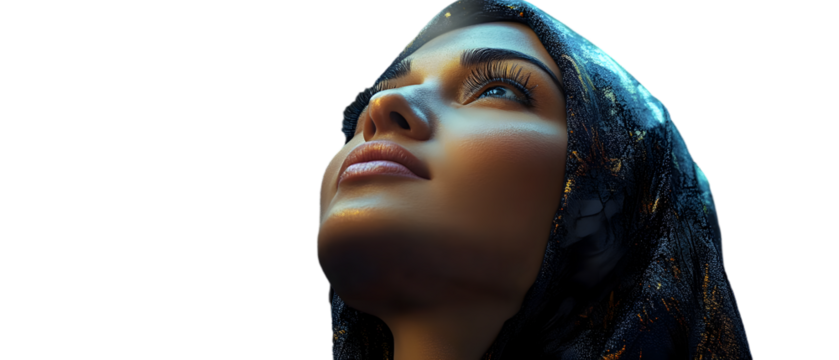 A tight shot of a woman with her face obscured by a headscarf, gazing intently upwards at the sky