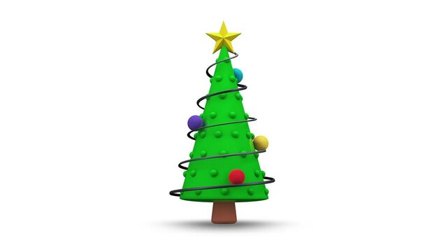 Abstract Cartoon 3D Christmas tree with ornaments rotating around on white color background, Looping animation.