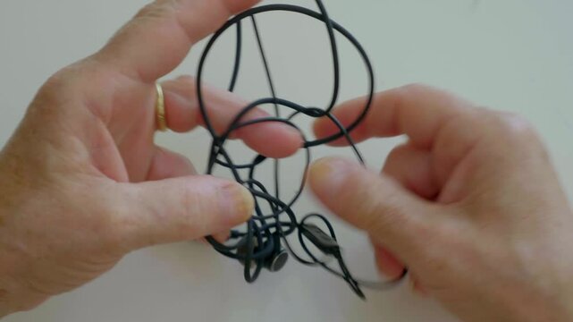Hands are struggling to untangle a pair of earphones with intertwined cables, showcasing the common hassle of tangled wires.