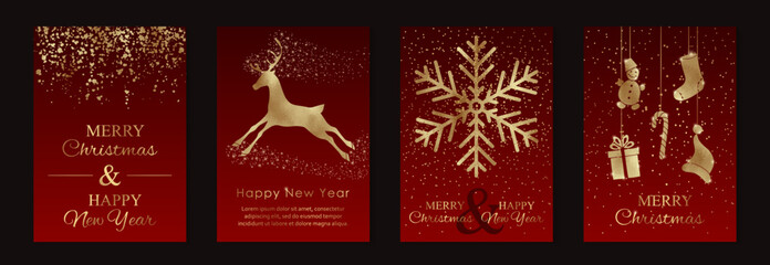 Merry Christmas and Happy New Year greeting card templates with golden glittering toys, snowflake and deer on a red background.