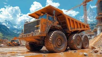 Obraz premium Large yellow dump truck parked on a construction site in the mountains