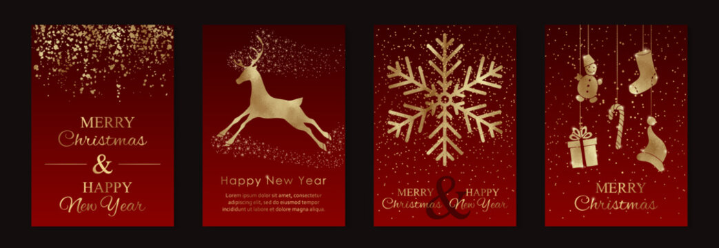 Merry Christmas and Happy New Year greeting card templates with golden glittering toys, snowflake and deer on a red background.