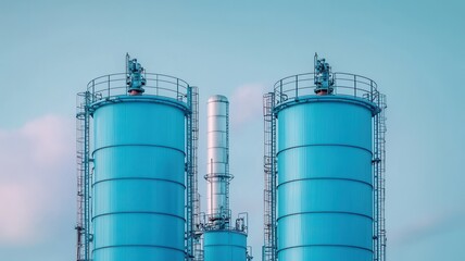Close-up of blue fuel distillation towers in a modern refinery, showcasing fuel refining infrastructure and technology.