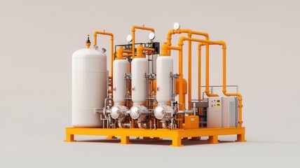 Obraz premium Clean and modern fuel processing unit with advanced machinery, featuring orange pipes and white storage tanks.