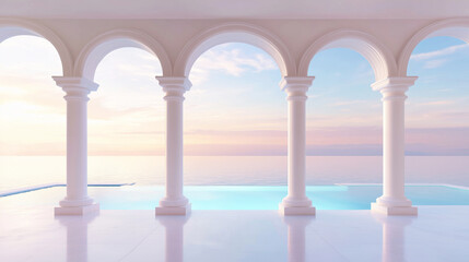 Fototapeta premium Serene ocean view through elegant arches at sunset with peaceful reflection pool