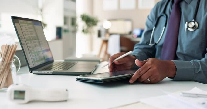 Hands, tablet and doctor writing for research, medical plan and healthcare administration with survey. Man, laptop and planning for patient medicine, prescription and health results with telehealth