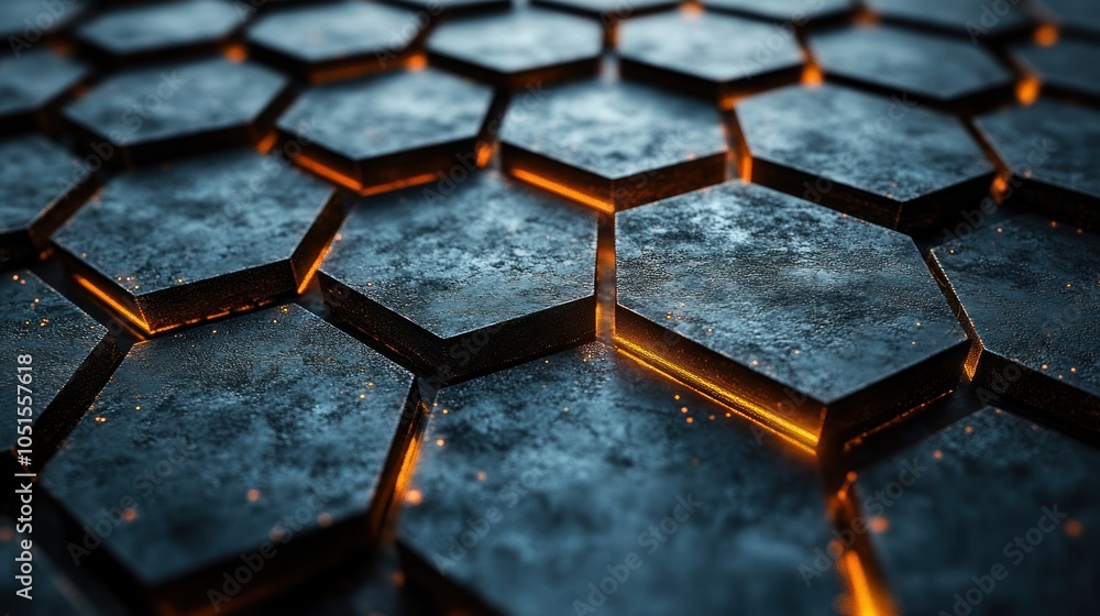 Poster glowing orange lines on a dark hexagon pattern