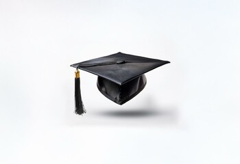 Black graduation cap with tassel, isolated on a white background.