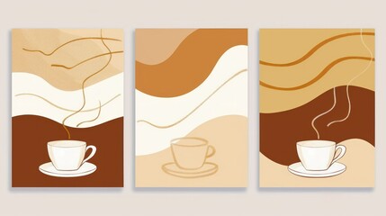 The image is a set of three minimalist and stylized illustrations related to coffee