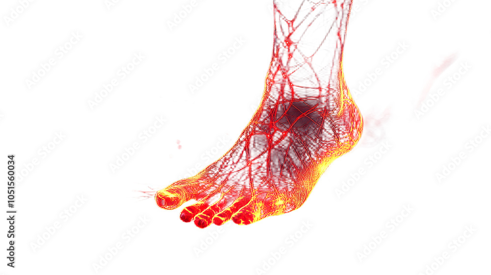 Poster glowing red nerve lines spreading from feet on dark gradient background symbolizing diabetic neuropa