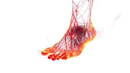 Glowing red nerve lines spreading from feet on dark gradient background symbolizing diabetic neuropathy pain and discomfort nerve damage illustration
