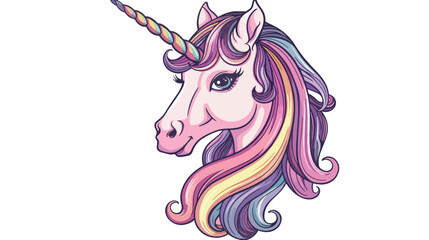 Pink unicorn head with rainbow mane and horn isolated on white background. Vector illustration 